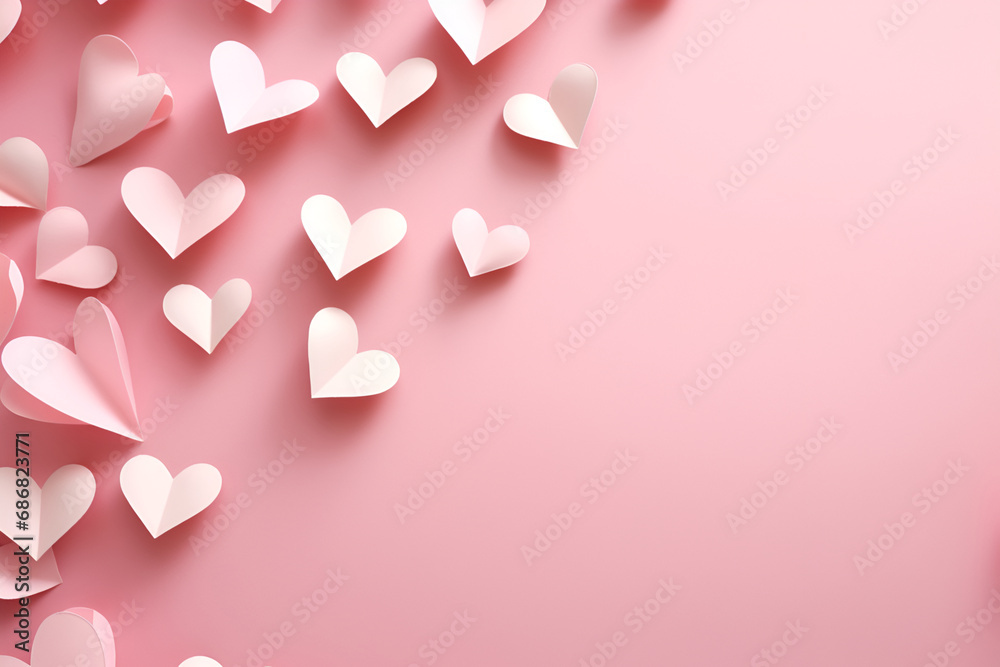 Pink hearts on pink colored background top view. Generated AI