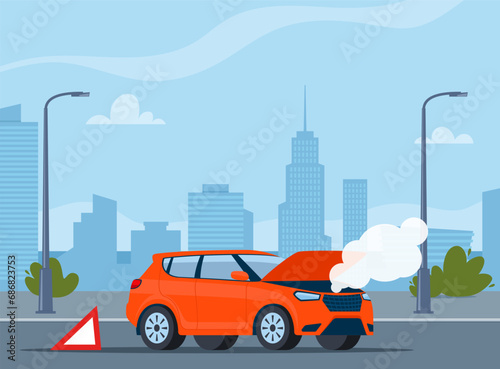 Car breakdown on the road emitting smoke with the hood open and warning sign behind. City on background. Vector illustration.