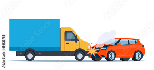 Car accident. Damaged transport on the road. Collision of lorry and car, side view. Damaged transport. Collision on road, safety of driving personal vehicles, car insurance. Vector illustration. photo