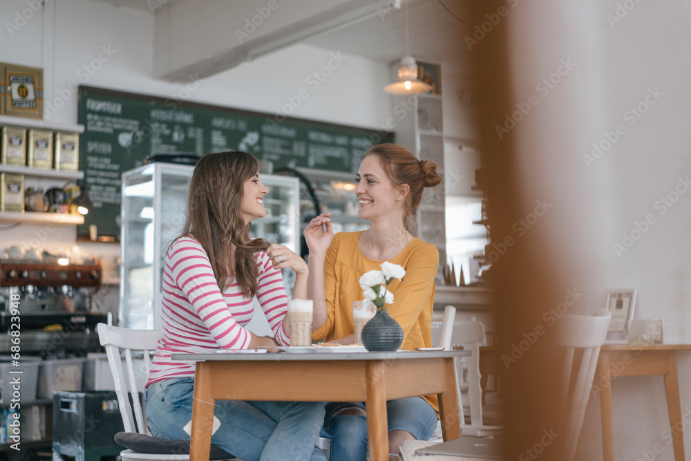 Two girlfriends meeting in a coffee shop, talking Two girlfriends meeting in a coffee shop, talking