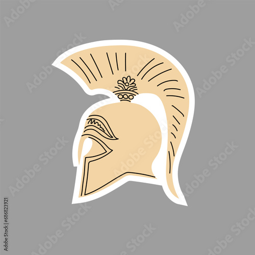 Spartan helmet isolated. Roman helmet to protect the head of soldiers. Ancient military armor sticker. Element in beige color with a line. Flat style. Hand drawn. Vector illustration.