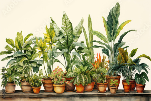 Realistic indoor plants in flower pots on light wall background. Different types of plants with variety of leaf shapes.