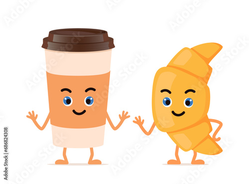 Croissant and coffee, cute happy characters for menu, banner. Breakfast, food, bakery concept. Vector illustration.