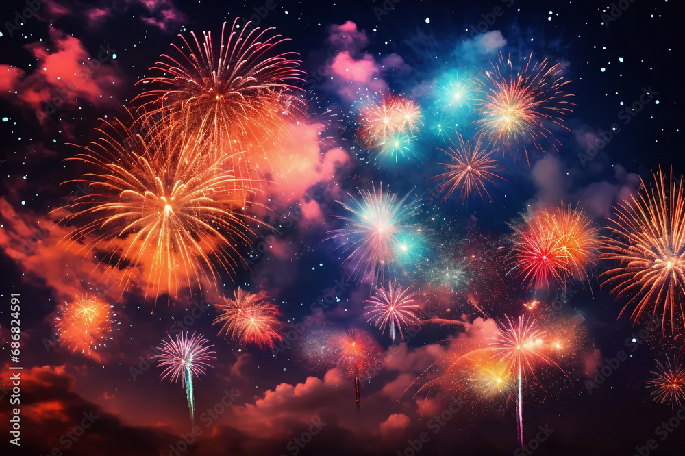 Fototapeta premium Festive fireworks, fireworks over the city, New Year or Christmas celebration. Sounds of bright lights in the sky.