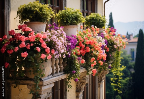 Beautiful and colorful flowers in a pot on balcony. Modern exterior design concept of flowers and leaves pot on balcony.