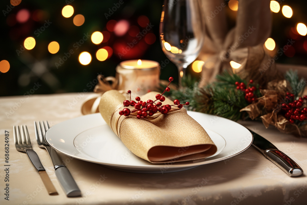 Christmas Table Place Setting with Linen Created with Generative AI Tools Christmas Table Place Setting with Linen Created with Generative AI Tools