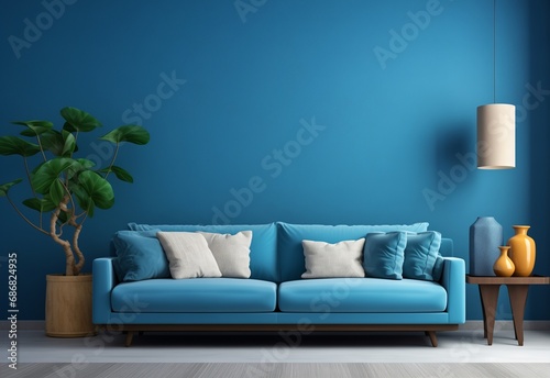 Blue sofa with white and blue throw pillows against blue plain wall with copy space. Minimalist home interior design of modern living room.