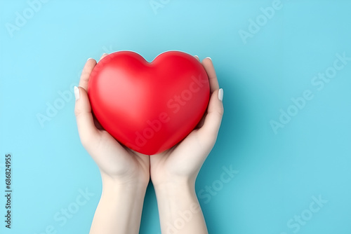 Woman holding heart on blue background  top view with space for text. Generated AI