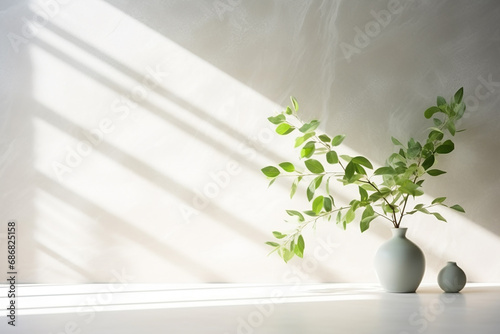 Spring Sunlight Green Branch Tree Shadow White Marble Tile Wall Created with Generative AI Tools