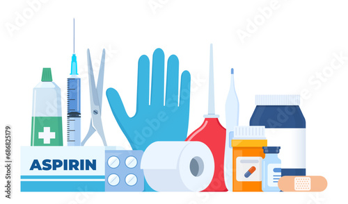 First Aid Kit elements, set. Medical help items. Plasters, pills, bandage, aspirin, thermometer, gloves, syringe, painkiller. Elements for medical infographics. Vector illustration.