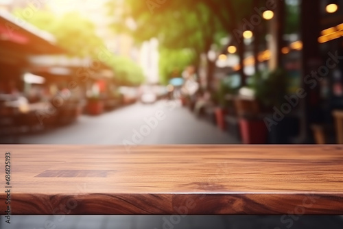 Wood Table on Blur of Cafe, Coffee Shop, Bar Background Created with Generative AI ToolsWood Table on Blur of Cafe, Coffee Shop, Bar Background Created with Generative AI Tools