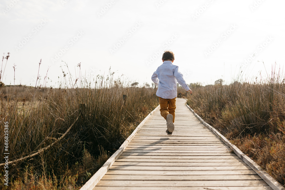 Back view of little boy running on boardwalk - obrazy, fototapety, plakaty 
