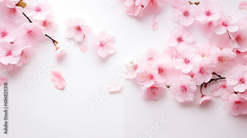 Soft pink cherry blossoms spread out on a white surface, Valentine’s Day, delicate flowers, top view, with copy space © Катерина Євтехова