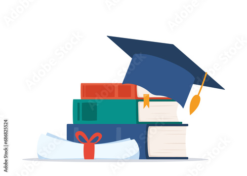 Black graduation cap on stack of books. Education and graduation concept. Vector illustration in flat style.