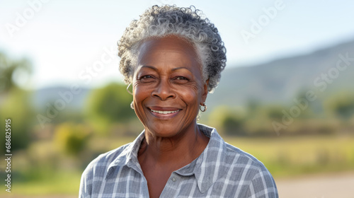 This close-up studio photo features a senior African American woman with grey hair, isolated on a white background, highlighting her elegance and character.