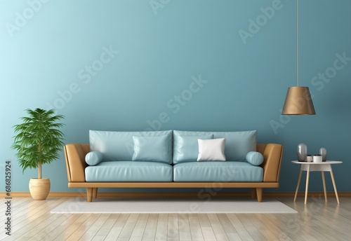 Blue top-grained leather sofa with wooden frame against a light blue plain wall. A hanging lamp, small table, and plant in a pot near. Minimalist home interior design of living room. photo