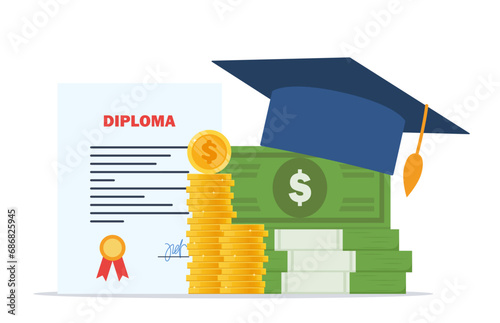 Investment in education. Scholarship. Books, graduation hat and stack of coins and banknotes. Graduation cap on books stack. Concept of global business study. Vector illustration.