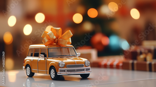 Yellow car model with a gift bow on a festive background. Buying a new vehicle concept