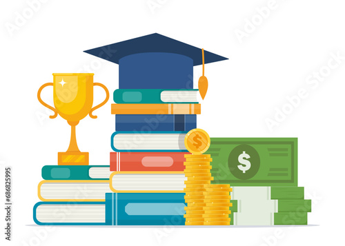 Investment in education. Scholarship. Books, graduation hat and stack of coins and banknotes. Graduation cap on books stack. Concept of global business study. Vector illustration.