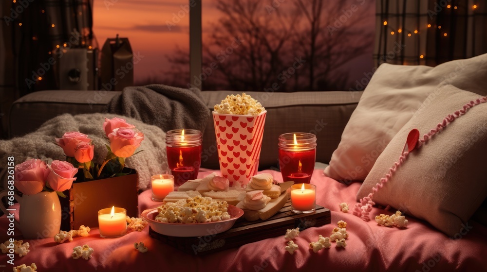 An intimate Valentine's Day scene with a romantic table setting featuring pink roses, heart-patterned popcorn box, candles, and a sunset view, perfect for a couple's evening.