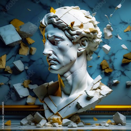 Bust of a marble statue with its head flying into fragments, concept of deformation, destruction photo