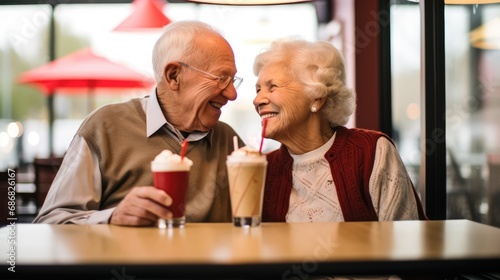 Affectionate elderly couple sharing milkshakes with two straws in a diner, celebrating their enduring love on Valentine's Day.