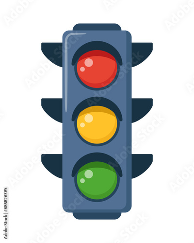 Traffic light to regulate the movement of cars. Vertical traffic lights with red, yellow and green signals. Vector illustration.