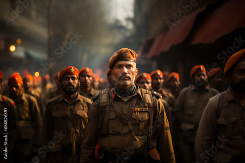 Indian army soldiers march along the city street photo