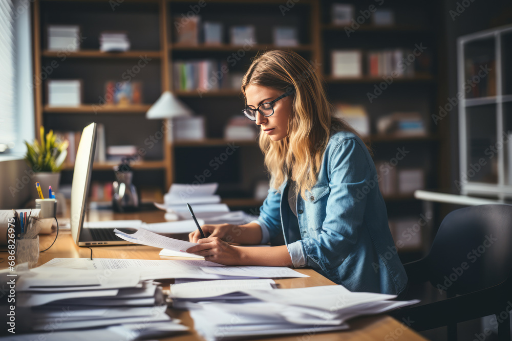 Business woman manager company employee working with documents in the office.