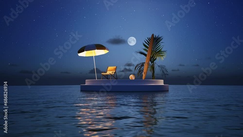 Secluded holiday concept. Summer beach vacation podium with sun umbrella, chair lounge, surfing board and palm tree, with floating in water. Night scene
