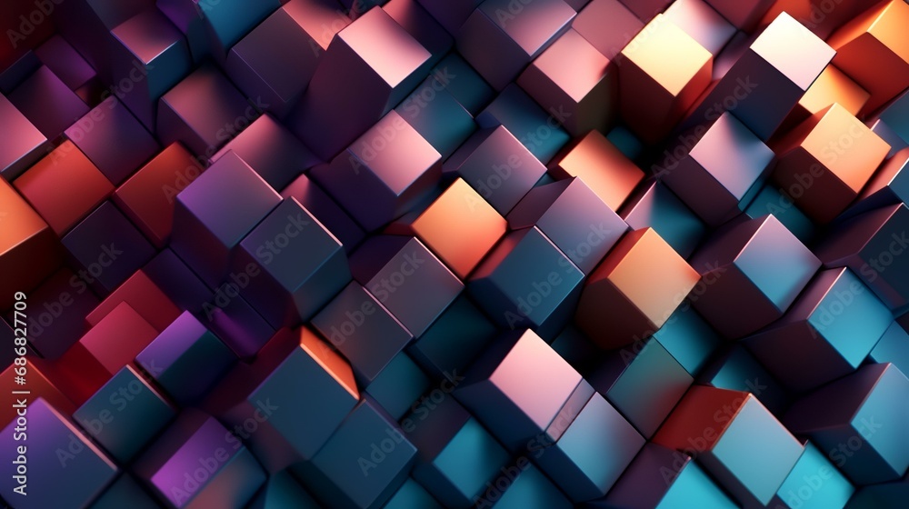Abstract 3d rendering of chaotic geometric shapes. Colorful background with glowing cubes. Abstract 3d rendering of chaotic geometric shapes. Colorful background with glowing cubes.