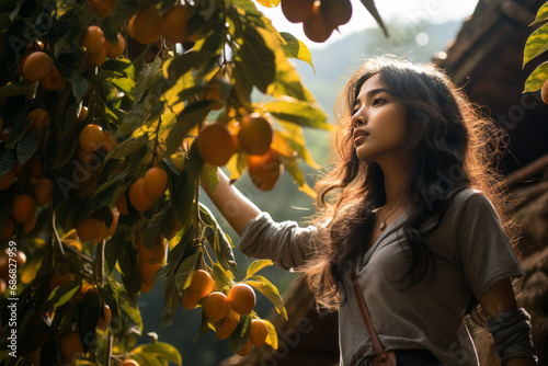 A beautiful Asian woman is harvesting mangoes.