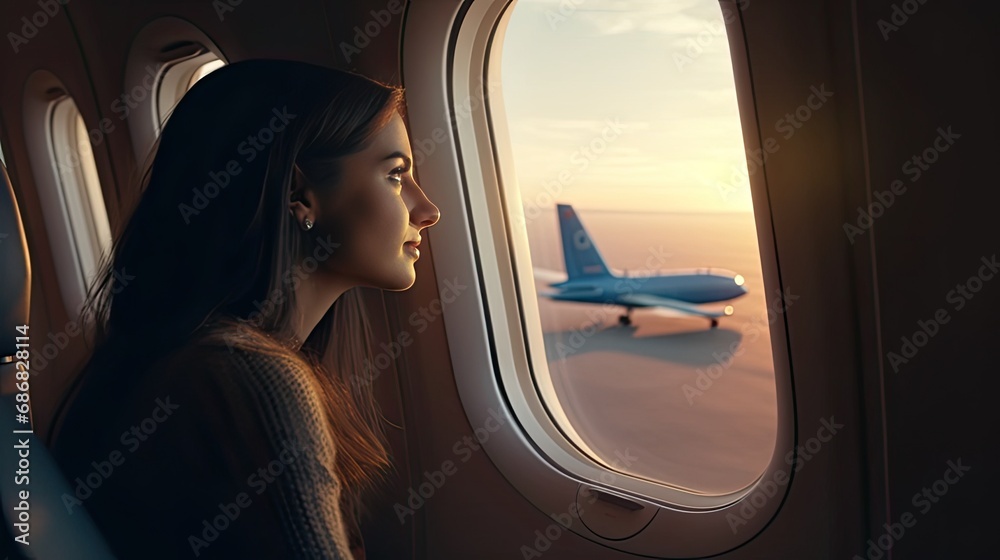 Fototapeta premium a tourist who sits on a plane near the window watching the plane fly by through the window.