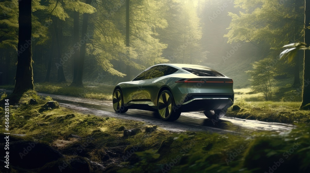 an eco-car on a forest road to demonstrate its complete integration with nature.