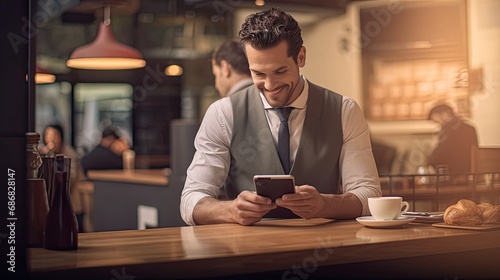 the guy looks at his phone or tablet, the picture conveys the real essence of communicating with clients or handling a smartphone