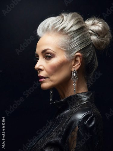 Mujer madura caucásica elegante con pelo blanco recogido. Inspira éxito y glamour.