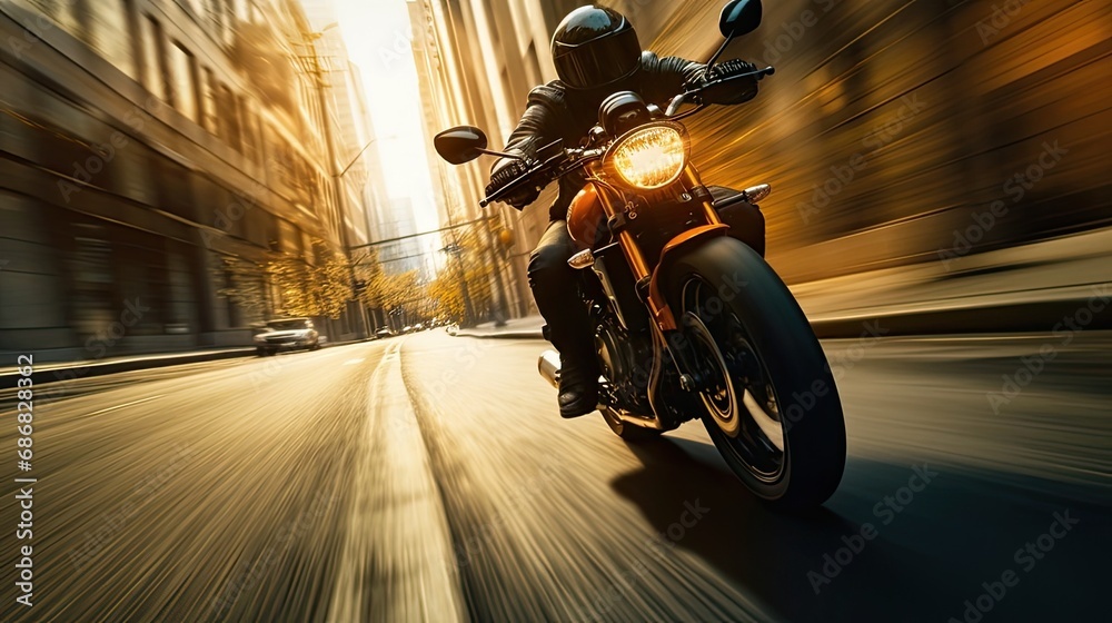 Motorcycle with a racer against the backdrop of a winding road or a blurry city with sunlight Motorcycle with a racer against the backdrop of a winding road or a blurry city with sunlight