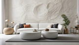 Salón con decoración de interior estilo oriental,  jipandi y minimalista, con sofá y mesa de color blanco.