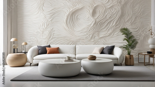 Sal  n con decoraci  n de interior estilo oriental   japandi y minimalista  con sof   y mesa de color blanco.