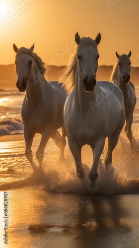 Horses galloping on sea or ocean beach at sunset  a majestic scene of freedom  strength  and the beauty of nature in motion. The image captures the essence of wild grace and the untamed spirit.