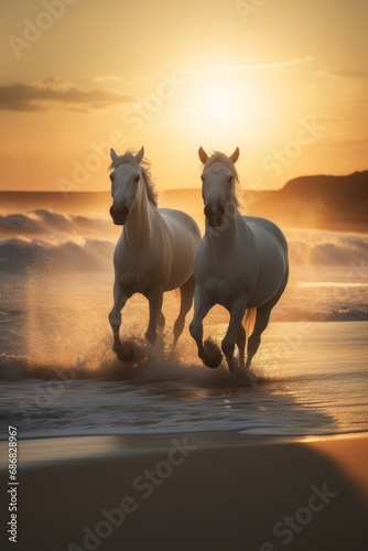 Horses galloping on sea or ocean beach at sunset, a majestic scene of freedom, strength, and the beauty of nature in motion. The image captures the essence of wild grace and the untamed spirit. © Ilia