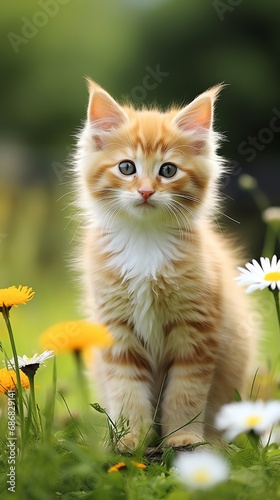 a cat sitting in a field of flowers