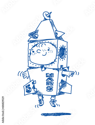 Funny smiling boy in rocket made of cardboard boxes