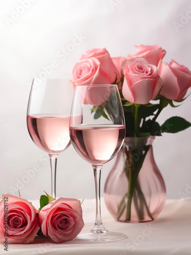 Two glasses of rose wine and bouquet of pink roses in a vase.