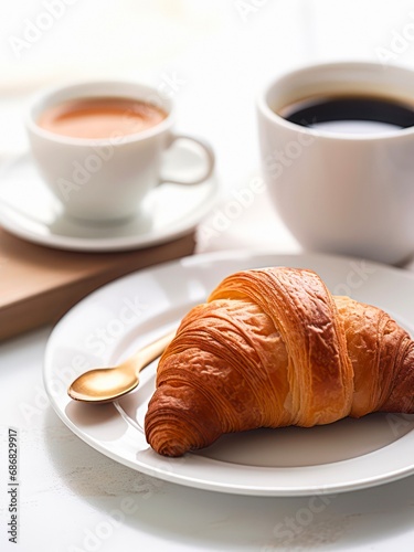 Two cups of coffee and plate with croissant on a table. 