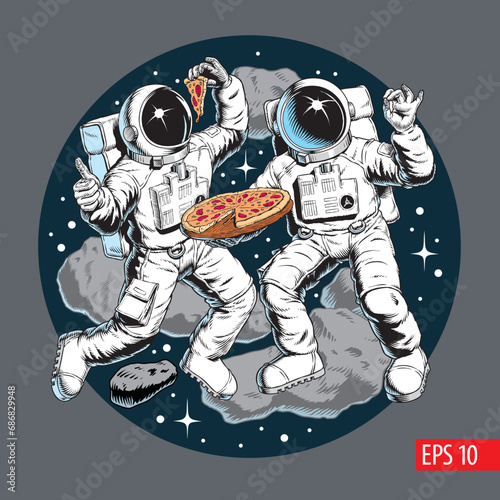 Astronauts with pizza in the outer space, stars and asteroids in background. Pizza delivery or pizzeria concept. Comic style vector illustration.