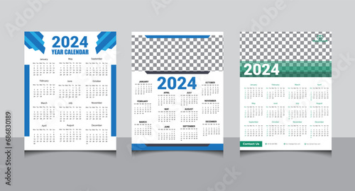 three sets one page Wall calendar design template for 2024-year, 2024 wall calendar design. photo