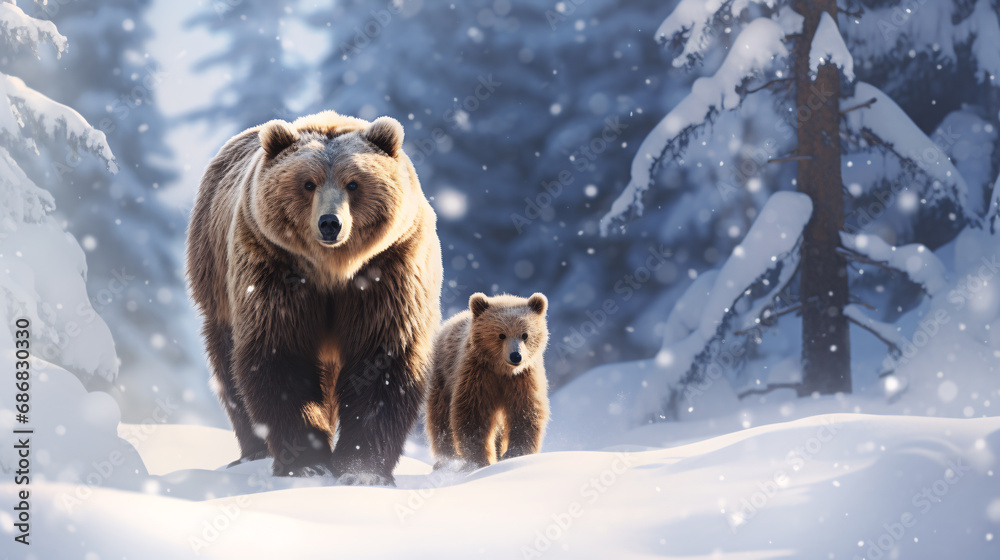 A mother bear and cubs are walking in the polar snow. These are images that reflect the warmth and grace of mother-daughter love in nature. Their walking on the white snow surface reflects the beauty. A mother bear and cubs are walking in the polar snow. These are images that reflect the warmth and grace of mother-daughter love in nature. Their walking on the white snow surface reflects the beauty.