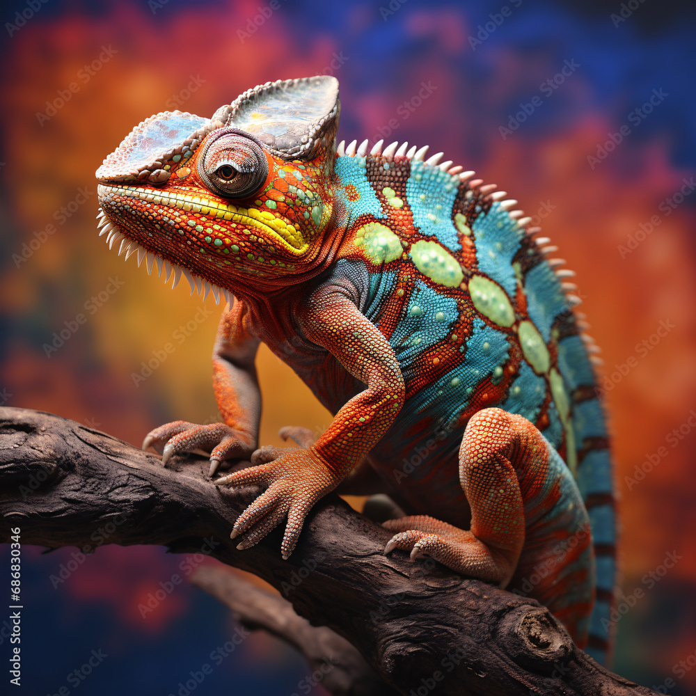 Fototapeta premium a chameleon photography shoot taken at the studio. It is a picture where you can clearly see the resolution and beauty of these animals. Shooting at controlled angles often results in clearer images.