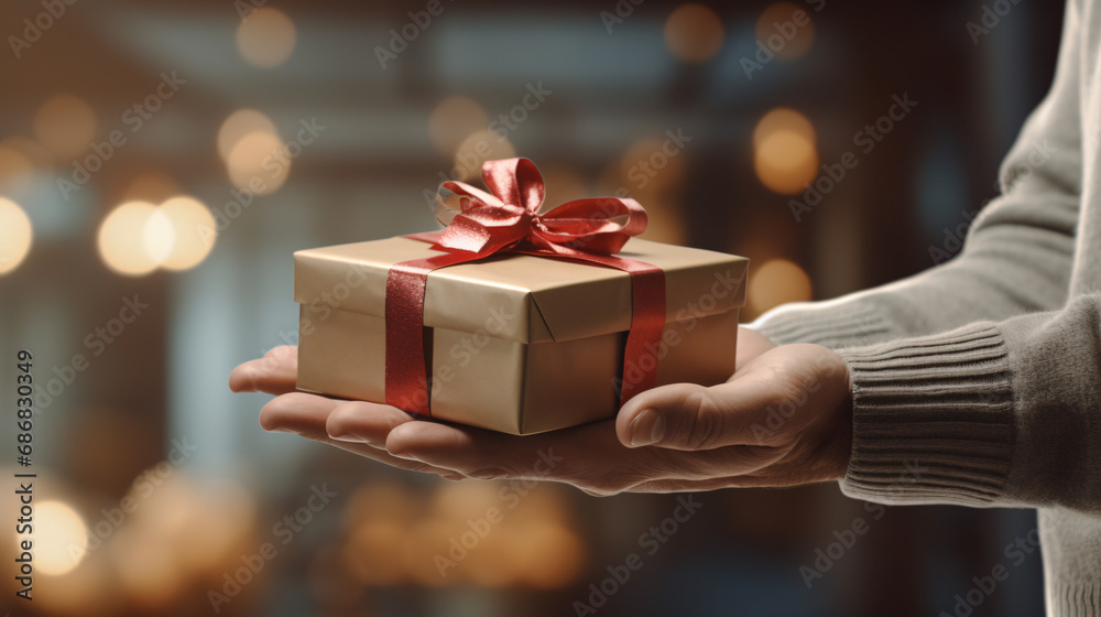 hand holding a gift box is an image anticipation and interest. The symbolic image giving and receiving gifts creates feeling happiness and specialness during important moments.hand holding a gift box.